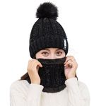 Tomorrow Winter Beanie Hat Scarf Set for Women 2-in-1 Warm Headwear Ear & Neck Cover Knit Hat Scarf Cold Weather Gear for Outdoor Activities (Black)