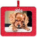 Photo Ornaments for Christmas Tree, Sparkly Glitter Christmas Frame Ornament, Easy-Load Magnetic Design, Includes Satin Ribbon with 2024 Silver Charm Plus Photo Protector, Horizontal, Red