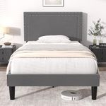 VECELO Twin Size Platform Bed Frame with Height Adjustable Upholstered Headboard, Modern Mattress Foundation,Strong Wood Slat Support, No Box Spring Needed, Easy Assembly