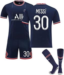 New 2021-2022 Kids Soccer Jersey Topind #30 Messi Home Navy Blue and Red White Fan Jersey Top+Shorts+Socks Set Sport Series Comfortable Short Sleeves and Shorts Set (Navy Blue, 24#)