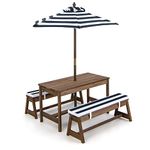 KOTEK Kids Picnic Table with Umbrella Foldable, Backyard Wooden Table & Bench Set with Removable Cushions, Activity Art Play Table, Indoor Outdoor Toddler Picnic Table for Patio, Lawn & Garden (Blue)