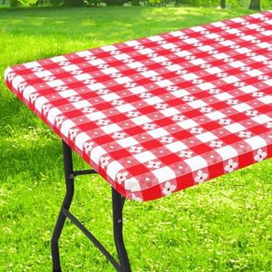 Spotjoy Rectangle Vinyl Table Cloth, Waterproof Elastic Fitted Tablecloth with Flannel Backing, Plastic Table Cover for Picnic, Camping, Outdoor (Red & White, 30"x48")