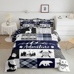 Castle Fairy Deer Bear Comforter Set Twin Size,Rustic Farmhouse Wildlife Patchwork Blue Bedding Set for Kids Boys Men,Camping Cabin Decor Boho Aztec Tribal Quilted Duvet Set with 1 Pillowcase