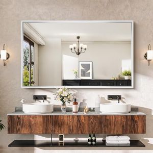 CIRCUMI 60"x36" Brushed Silver Mirror with Chunky Box Metal Frame,Large Bathroom Mirror for Vanity Remodel&New Home,Living Room,Over Sinks,Rectangular Wall Mirror,Tempered Glass,Vertical or Horizontal