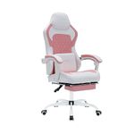 NIONIK Gaming Chair with Footrest, Ergonomic Computer Gamer Chair, Office Gaming Chairs for Adults, Massage Lumbar Video Game Chairs (Pink White)