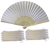 FANSOF.FANS White Pack of 10 Wholesale Silk Fabric Handheld Folding Fan with Grade A Bamboo Ribs for Women Girls Summer Party Event Favour Birthday Wedding Best Gift