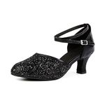 OCHENTA Womens Sequined Leather Pointed Toe Kitten Heel Latin Ballroom Dance Shoes Suede Black-UK 4-Tag 38