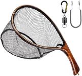 SF Fly Fishing Landing Net with Magnetic Release Curved Handle Wooden Frame Black Rubber Mesh Net Burls Wood Grain for Streams, Small Rivers, Hikers