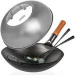 YOSUKATA Black Carbon Steel Wok Pan 14" (Round Bottom) With Lid 13.6 Inch - Premium Stainless Cover + Pre-Seasoned - Blue Carbon Steel 17-inch Spatula, Ladle, 3 Pairs of Chopsticks