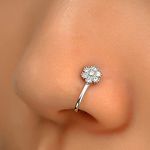 Wendalern Crystal Flower Nose Ring Silver Fake Septum Nose Rings Copper Inlaid Zircon Nose Cuff Tiny U-shaped Clip On Nose Ring Bendable Non Piercing Nose Jewelry for Women Girls