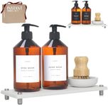 FINESSY Modern Hand and Dish Soap Dispenser Set for Kitchen Counter with Tray and Bamboo Brush, Kitchen Soap Dispenser Set with Tray Refillable Dual Containers Also for Dishwashing Liquid and Lotion