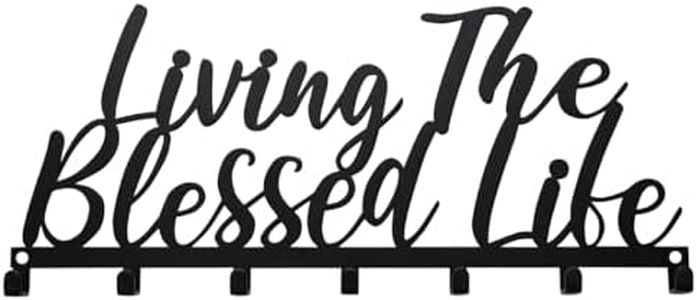 African American Expressions – Living The Blessed Life Metal Home Wall Organizers for Keys, Masks, Kitchen Accessories (12" W x 5.25" H x 0.75" D) KH-02