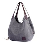 DOURR Women's Multi-pocket Shoulder Bag Fashion Cotton Canvas Handbag Tote Purse (Gray - Medium Size)