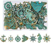 SUPERFINDINGS 42Pcs 7 Styles Ocean Theme Alloy Pendants Green Patina SeaHorse Compass Charm Pendant Metal Fish Pendant Charms for Necklace Bracelet Jewelry Making, Hole: 2~3mm