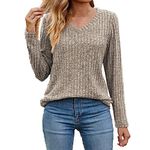 AMhomely Ladies Tops Sale Clearance Womens Casual Fall Sweater Long Sleeve Sweatshirts Tops Ribbed Knit Jumpers Loose V-Neck Baggy Slouchy Pullover Sweaters Basic Underwear, XL, 01* Khaki