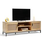 VonHaus Rattan TV Unit - Light Wood Effect TV Stand Cabinet - For TV's up to 60" - Industrial Scandi Style Entertainment Unit with 2 Storage Cupboards & Open Shelves - For Living Room - Lena