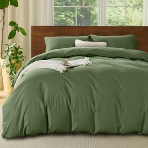 LINENOVA 100% Cotton Quilt Cover Set Queen – 3 Pieces Vintage Washed Duvet Cover with Pillowcases, Ultra Soft & Breathable, All Season Bedding - Khaki Green