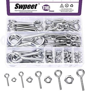 Swpeet 116Pcs 58 Set 5 Sizes Carbon Steel Eye Bolt Screw with Nut Assortment Kit, Screw Eyes for Ornaments, Toys, Craft Gifts, Various Wooden Handles Hanging Objects from Walls