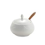 Sugar Bowl, Ceramic Sugar Bowl with Lid and Bamboo Spoon for Home and Kitchen - Mountain Design, White