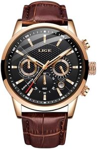 LIGE Montre Bracelet Homme, Montre Étanche en Acier Inoxydable à Élégant Quartz Analogique, Montres Classiques de Luxe Décontractées pour Hommes, Cadran Noir Or/Cuir Bracelet Brun, Cadeau pour Hommes