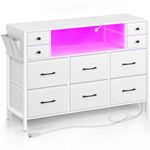 Rolanstar Dresser with Power Outlets and LED Lights, 10 Drawers Dresser with Side Pocket, Fabric Chest of Drawers with PU Finish, TV Stand with Wood Top for up to 55inch TV, White,XL