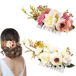 2 PCS Artificial Rose Flower Metal Hair Side Combs Slides Clips Floral Wedding Bridal Headpieces Clips Hairpins Barrettes Bun Chignon Hair Accessories for Women Flower Girls Brides Bridesmaids