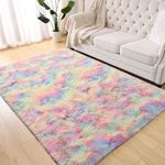 Terrug Fluffy Area Rugs for Living Room Bedroom, 5x7 Feet Tie-Dyed Rainbow Shag Large Rug Fuzzy Throw Carpet, Anti-Skid Modern Indoor Shaggy Rug for Boy Girls Kids Nursery Room Dorm Home Decor