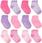 Debra Weitzner 12 Pairs Non-Slip Toddler Socks With Grips for Baby Boys and Girls Anti-Slip Crew Socks for Infant's and Kids, Girls Solid+ Striped, 1-3T