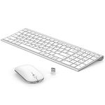 Rechargeabe Wireless Keyboard Mouse, Seenda Slim Thin Silent Keyboard and Mouse Set with Long Battery Life QWERTY UK Layout for Windows PC Laptop Computer, Silver White