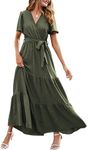 MASCOMODA Womens Boho Swiss Dot Maxi Dresses Wrap V Neck Flutter Short Sleeve Solid Tie Belt A Line Tiered Flowy Long Dresses, S-army Green, XXL