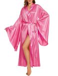 BATHGOWN Women's Silk Kimono Long Robe Satin Bridesmaid Wedding Sleepwear Beach Blouses Bikini Cover Up Plus Size, Hot Pink, Small