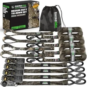 Rhino USA x Realtree Ratchet Straps Tie Downs (4-Pack) - 1 Inch x 15 Feet (1,823lb Break Strength) - Ultimate Tie Down Straps with Safety S Hooks - for Trucks, Cargo, Moving, Appliances - Camo