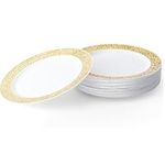 MATANA 20 Premium White Plastic Dessert Plates with Gold Rim, 19cm / 7 Inch - Elegant & Reusable Small Side Plates, Starter Plates for Weddings, Birthdays, Picnic, BBQ, Parties