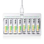 EBL 8 Bay Individual AA AAA Battery Charger with 4 AAA Batteries 1100mAh & 4 AA Batteries 2800mAh Rechargeable, Fast Charging Kit for Ni-MH Ni-CD Battery