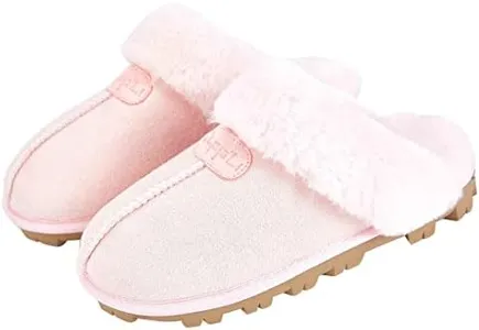 CLPP'LI Womens Slip on Faux Fur Warm Winter Mules Fluffy Suede Comfy Slippers-Pink-7