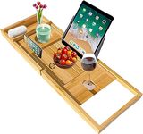 MantraRaj Bamboo Bath Caddy Tray Bridge Bath Tray Wooden Bathtub Tray Rack Caddy Tidy Bathroom Shelf Organizer Storage Bath Table for Reading,Tablet, Wine Glass Bath Accessories (Extendable Natural)