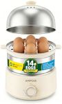 AMPOIA 14 Eggs Electric Egg Cooker, 350W Rapid Egg Boiler with 30-Min Timer & Auto Shut-Off, Stainless Steel, Dishwasher Safe for Soft, Medium, Hard Boiled, Steamed Eggs, Vegetables & Seafood, Beige