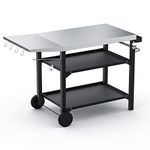 Onlyfire BBQ Trolley Food Prep Table Stainless Steel, Flattop Worktable with Side Table, Two-Layer Steel Basket and Utensil Holder