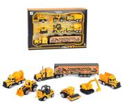 BELOXY 7 in 1 Die Cast Metal Cast Construction Vehicle Play Toy Team Truck Including Cargo Truck Container, Cement Truck,JBC Truck, Truck,Road Roller Toy (Yellow)