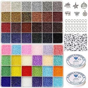 31200pcs Glass Seed Beads 48 Colors 2mm 12/0 Bracelet Beads for Jewelry Making Kit with Letter Alphabet Beads, 2 Rolls Elastic String Cord, Charms and Jump Rings for Jewelry Making（48 Colors）