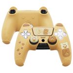 PlayVital Cute Bear Controller Silicone Case for ps5, Kawaii Controller Cover Compatible with Charging Station, Gamepad Skin Protector for ps5 with Touch Pad Sticker & Thumb Grips - Yellow & Brown