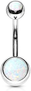 Pierced Owl 14GA 316L Stainless Steel Double Synthetic Opal Banana Belly Button Ring (White)