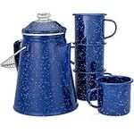 COLETTI Classic Enamel Set Coffee Percolator & Mugs — The Most Nostalgic Camping Coffee Pot, Now Modernized [Blue Enamel, 12 Cup Percolator Coffee Pot & Set of 4 Mugs]
