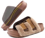 KuaiLu Womens Platform Slipper with Arch Support Soft Cushion Faux Fur Sandals Open Toe House Slipper Fluff Slides Indoor Outdoor,Brown Size 5