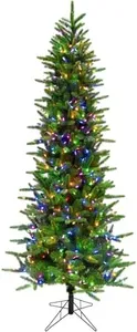 Fraser Hill Farm 9-Ft. Carmel Pine Slim Artificial Christmas Tree with Dual Multicolor & Warm White LED Lights and Stand, Prelit Foldable Fake Tree with Realistic Foliage for Home Decoration