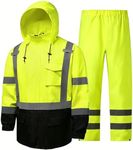 FFTSAFEWARP Hi Vis Rain Jackets for Men Reflective Waterproof High Visibility Class 3 Safety Rain Suit with Black Bottom,Removable Hood