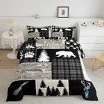 Manfei Adventure Comforter Set Twin Size, Bear Paws Wolf Deer Latticed Patchwork Quilt Set with 1 Pillowcase, Rustic Farmhouse Bedding Set 2pcs for Kids Boys Teen Grey Plaid Duvet Insert