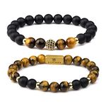 LIVLOKO Mens Bracelet Leather Black Multi-Layer Bracelet for Men Magnetic Clasp Rope Wristband Mens Gift for Boyfriend (Small 18-20cm, H. Tiger-Eye Black Agate Stacked)