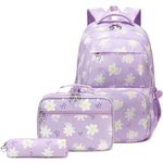 Leaper Floral School Backpack for Girls Kids Simple Modern Backpack Sets Bookbag Lunch Bag Purse Pencil Case (Purple 2321-3)