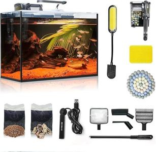 Small Aquarium Set Glass 2.6 Gallon Betta Fish Tank, Starter Kit with Heater Self Cleaning System Efficiency Filter Bright Light Rocks Gravel Cleaning Tool, Leak-Proof Ultra-Clear Rimless Desktop Tank